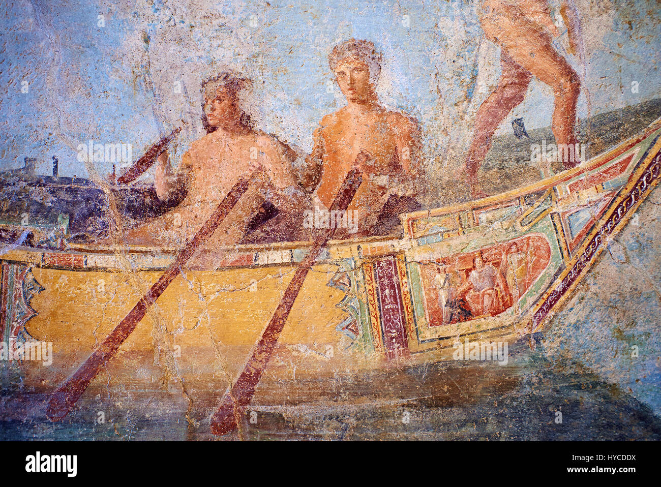 Roman Fresco mit einem Boot für ein Festival und Unterwasserwelt ab dem zweiten Quartal des ersten Nachchristlichen Jahrhunderts dekoriert. (Mosaico Fauna Marina da Porto fluv Stockfoto