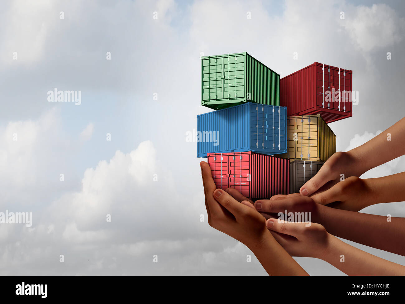 Gruppenkonzept Versand Fracht und freien internationalen Handel Abkommen Symbol als eine Gruppe von unterschiedlichen ethnischen Händen mit Frachtcontainern. Stockfoto