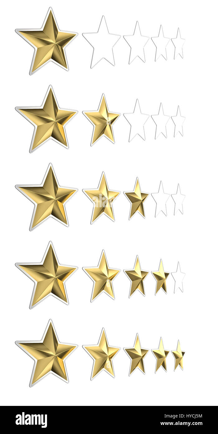 5 goldene Sterne Qualität Konzept 3d Render Bild Stockfoto