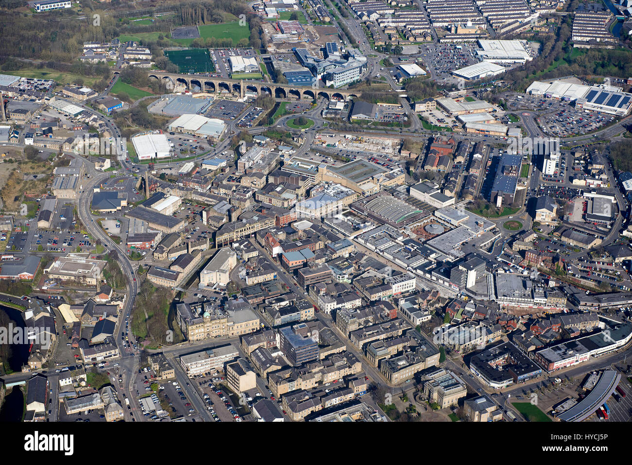 Eine Luftaufnahme von Burnley Town Centre, Nord-West-England, UK Stockfoto