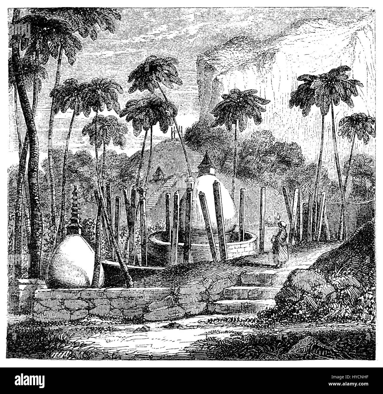 Vintage Gravur des Thuparamaya Ort der Meditation und halbkugelförmige Struktur enthält eine Reliquie des Buddha, von König Devanampiyatissa gebaut und im Laufe der Jahrhunderte mehrfach restauriert Stockfoto