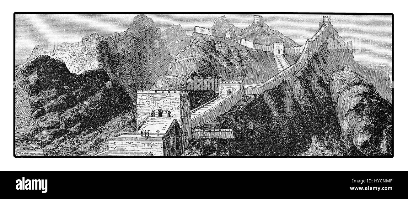 Vintage Gravur der Great Wall Of China mit seinen herrlichen Befestigungsanlagen machte aus Stein und Ziegel erbaut über den historischen Nordgrenze von China, das Reich von nomadischen Invasionen zu schützen Stockfoto