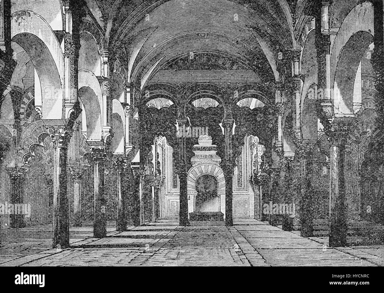 XIX Jahrhundert Gravur der Moschee-Kathedrale von Córdoba Interieur mit gemischten Architektur in Köbese und gotischen Stil und reich verzierte Marmorbögen und Spalten Stockfoto