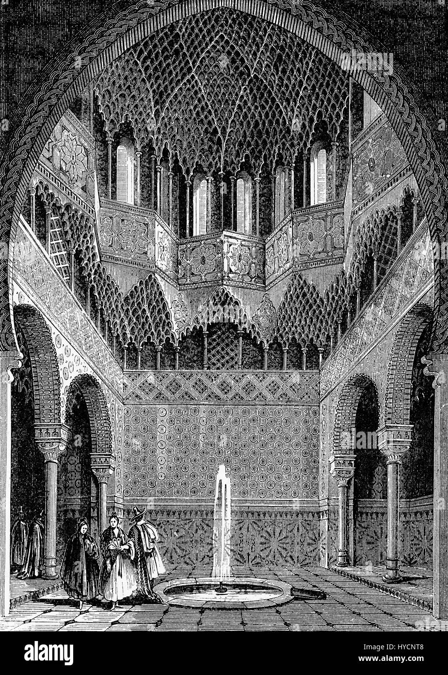 XIX Jahrhundert Gravur der Saal der Abencerrajes in der Zitadelle der Alhambra in Granada, herrliches Beispiel der maurischen Architektur dekoriert Reich von filigranen, Arabesken und Stalaktiten Gewölbe Stockfoto