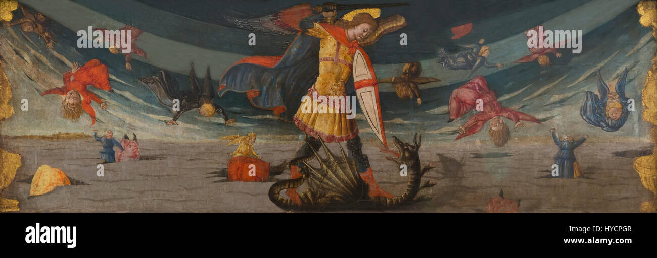 Fallen der rebellischen Engel mit Saint Michael Fighting der Drache von Neri di Bicci, 1419, Boijmans van Beuningen Museum, Rotterdam, Niederlande, Europa Stockfoto