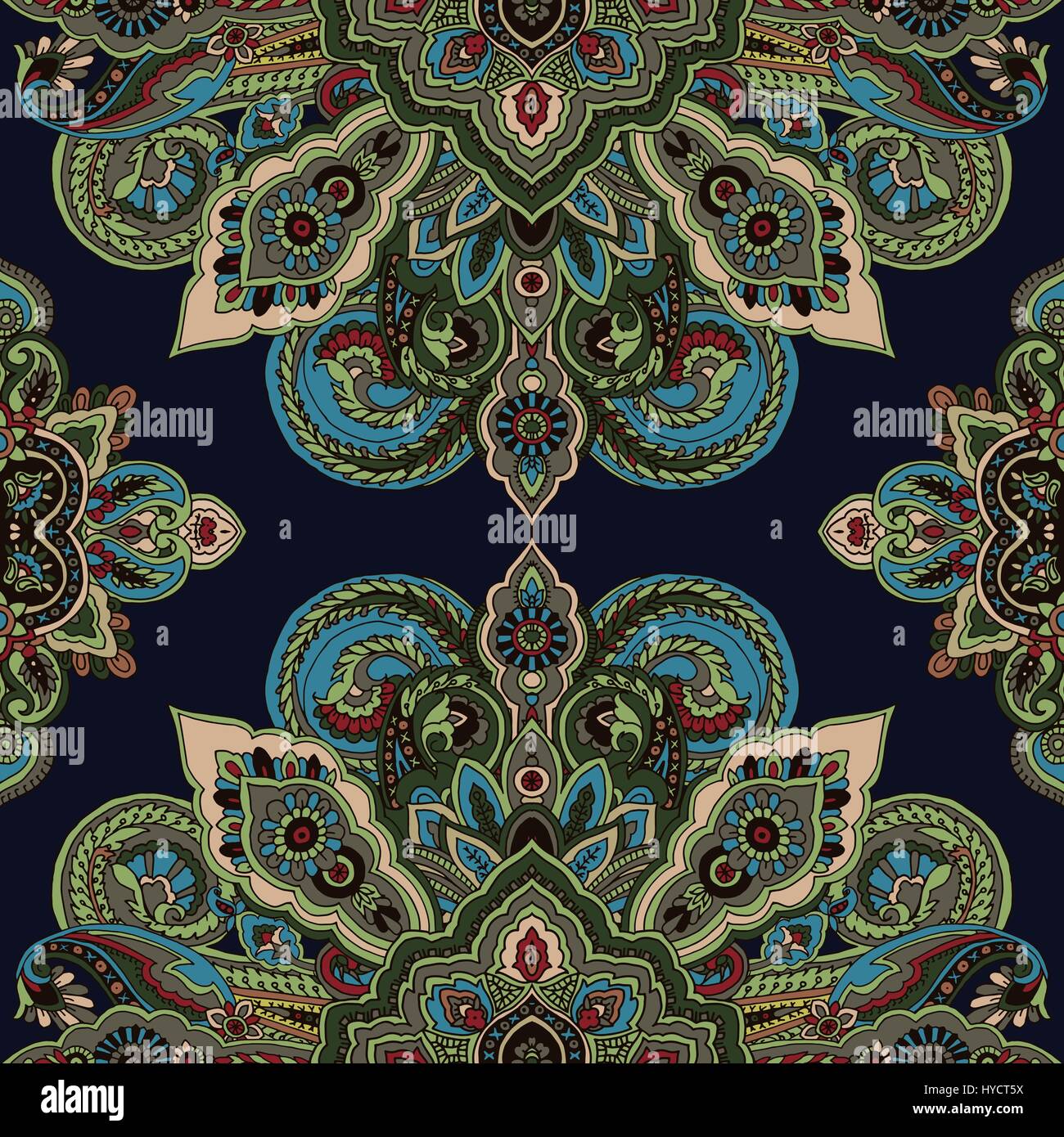 Abstrakte geometrische paisley Kreismuster. Traditionelle orientalische Mandalas Ornament. Vintage Grün-Töne auf dunkelblauem Hintergrund. Textil-Design. Stock Vektor