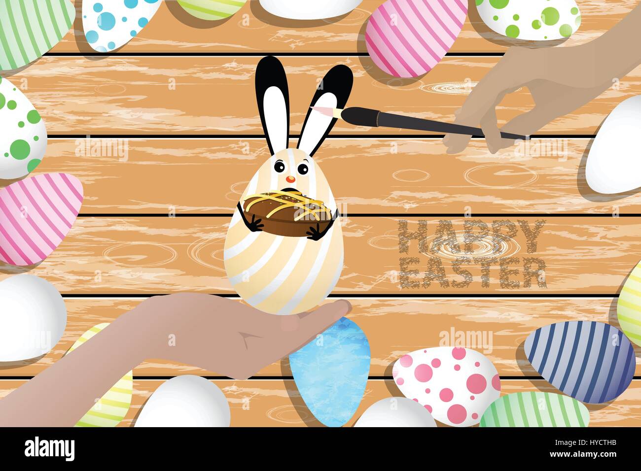 Ostern ist ein perfektes Beispiel für Ihr Design. Osterhase - Ei mit Schokoladenkuchen in der Hand auf einem Holztisch Hintergrund in einem Haufen von bemalten Ei Stock Vektor