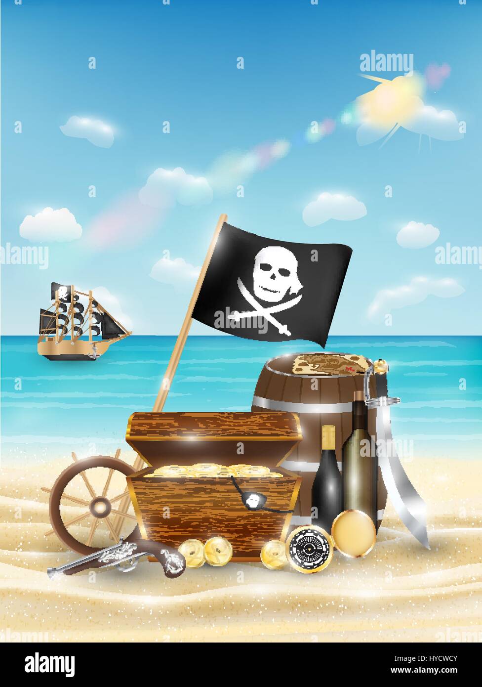 Piratenschatz an einem Sandstrand mit hellen Meer Stock Vektor