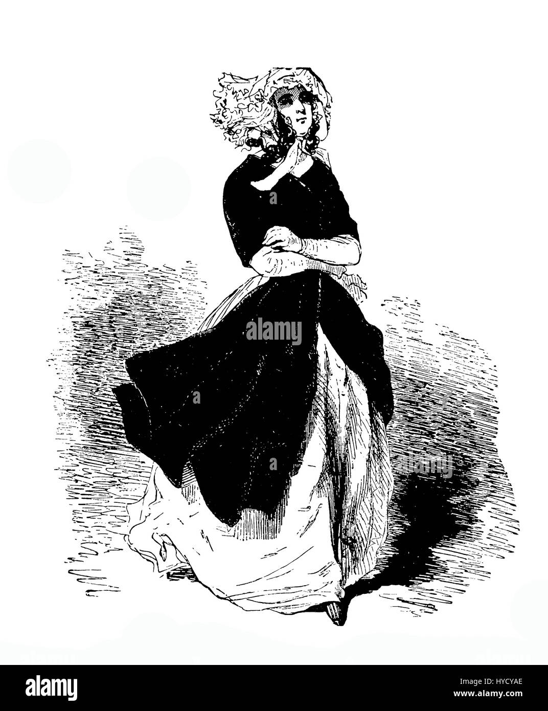 XIX Jahrhundert Gravur junge Dame mit Mütze und Mantel in den Wind gehen Stockfoto