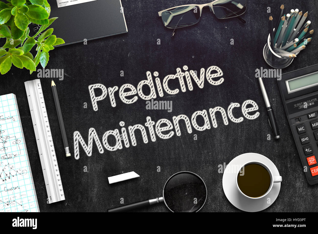 Vorbeugende Instandhaltung an schwarzen Tafel. 3D-Rendering. Stockfoto