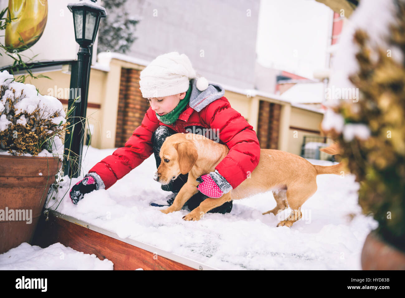 Mädchen und ihr Hund spielen im Schnee Stockfoto