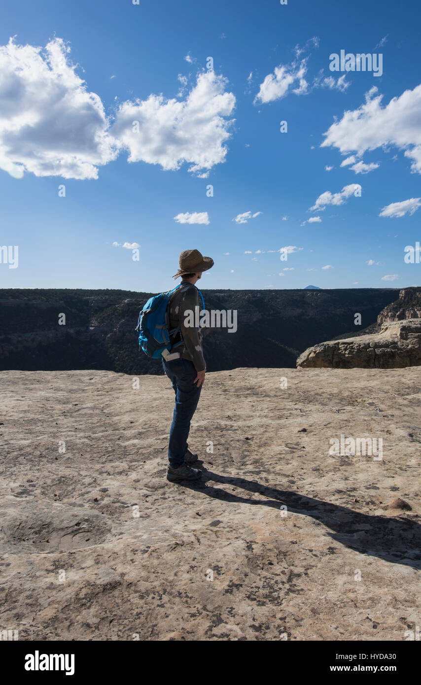 USA, COLORADO, MESA VERDE NATIONALPARK, FRAU WANDERER PAUSEN DRAUFSICHT PETROGLYPH POINT TRAIL ZU BEWUNDERN Stockfoto