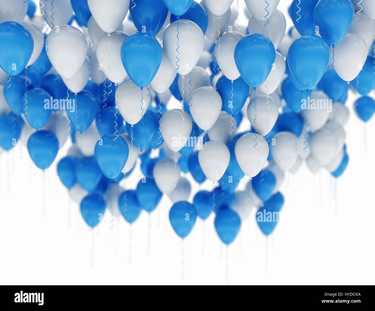 Große Gruppe von blauen und weißen Party Luftballons isoliert auf weißem Hintergrund mit bokeh Stockfoto