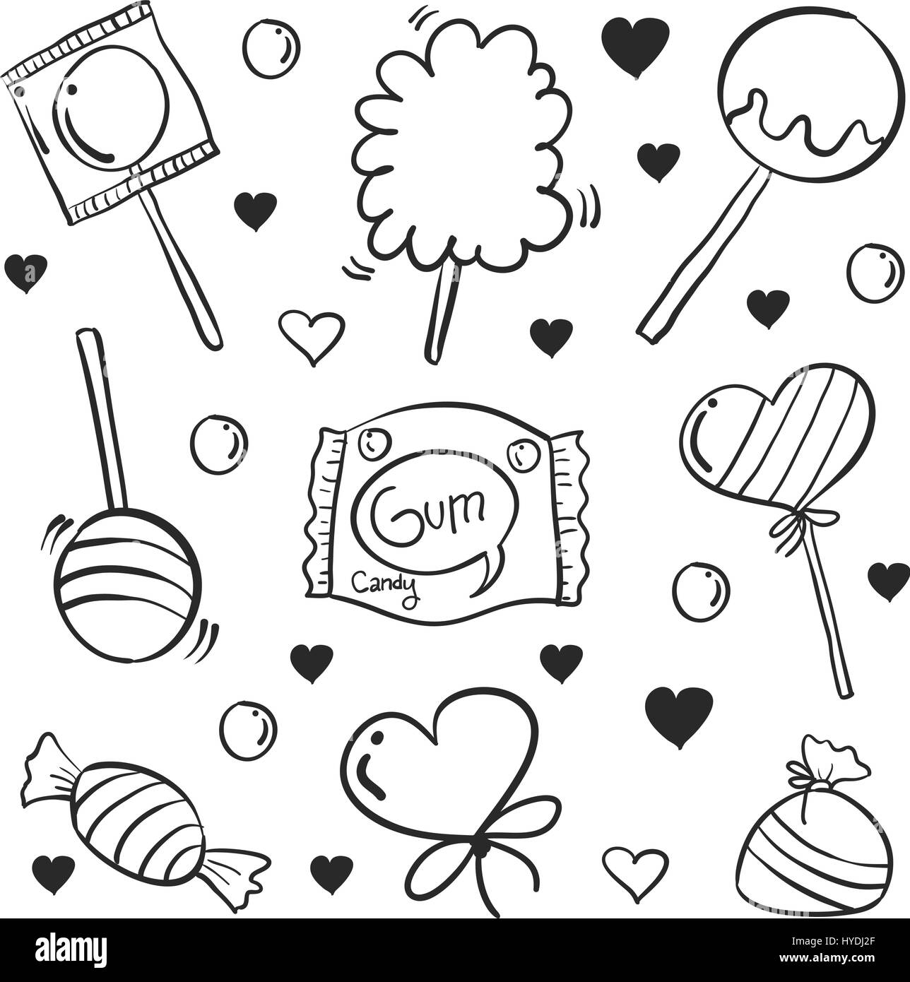 Doodle von Süßigkeiten, die verschiedenen hand zeichnen Sammlung Stock
