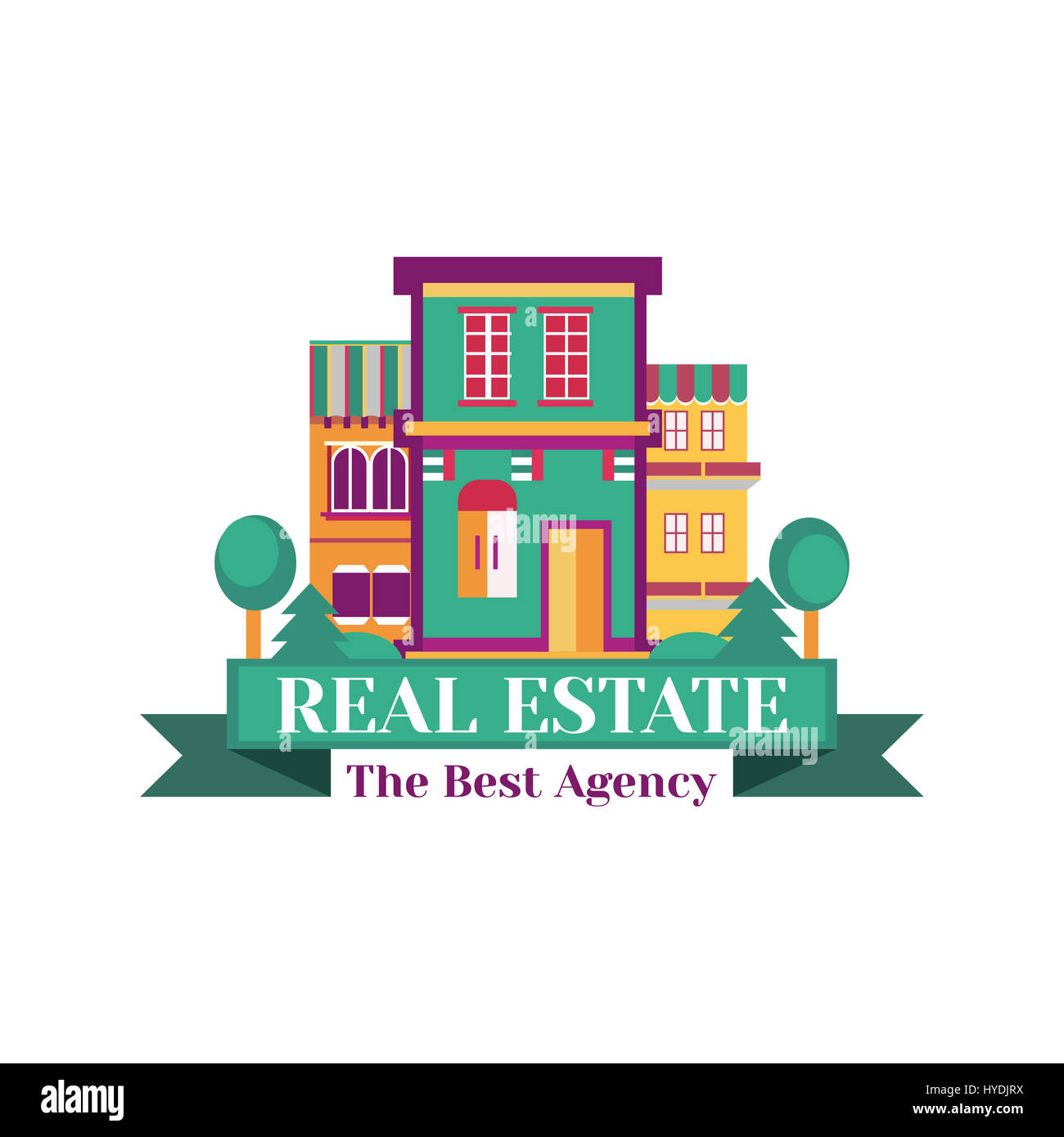 Vektor bunte Dorfhaus, Logo auf dem weißen Hintergrund isoliert. Vorlage-Abzeichen für den Unternehmensstil Real Estate agency Stockfoto