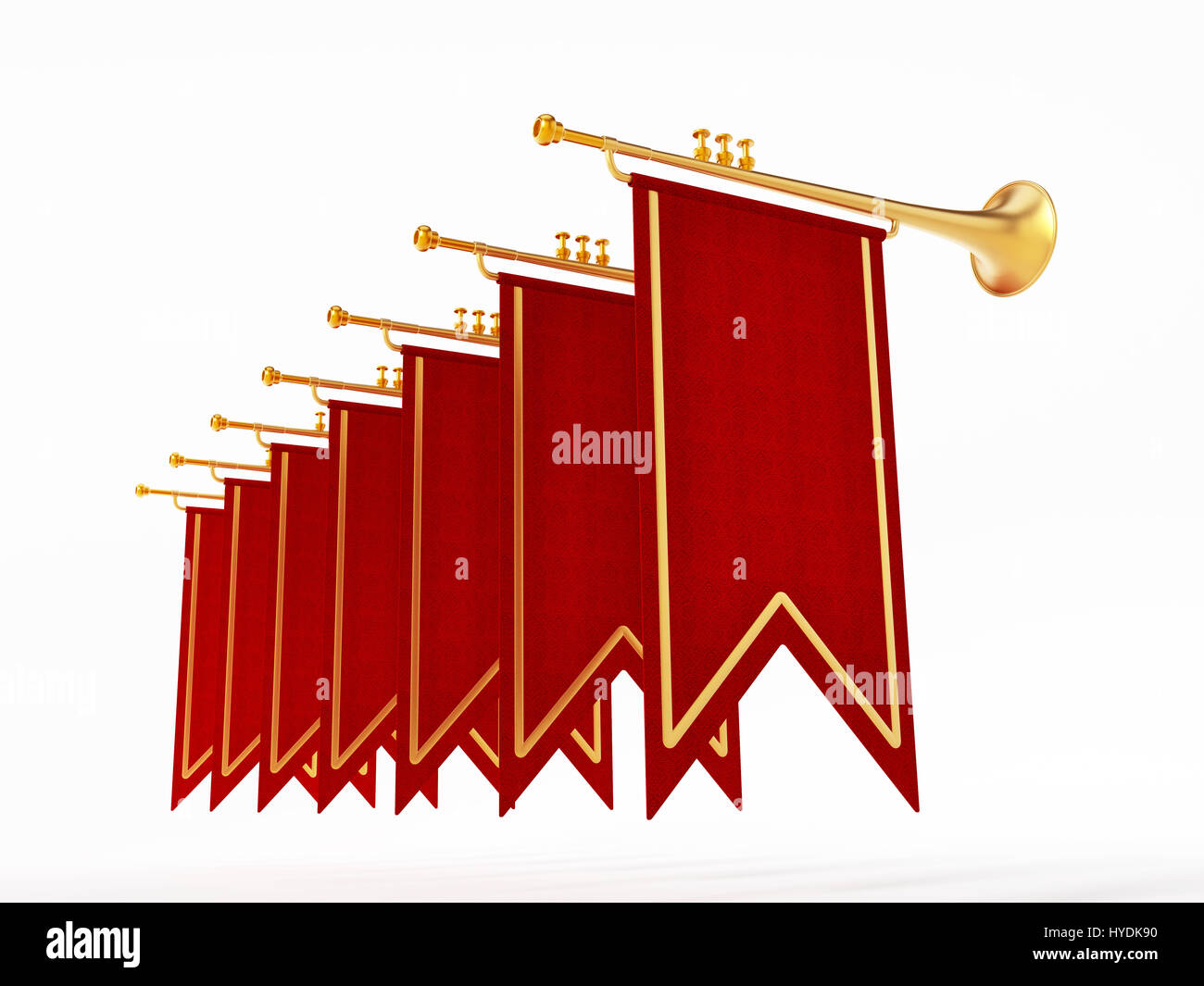 Schlucken Sie, Fahnen und Trompeten isoliert auf weißem Hintergrund. 3D Illustration. Stockfoto