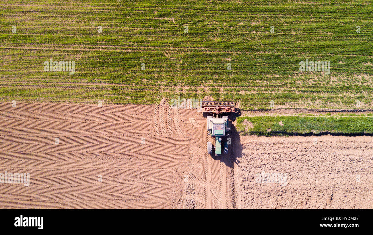 Traktor Pflügen der Felder, Luftaufnahme von ein gepflügtes Feld und einen Traktor, Aussaat. Landwirtschaft und Viehzucht, Kampagne. Stockfoto