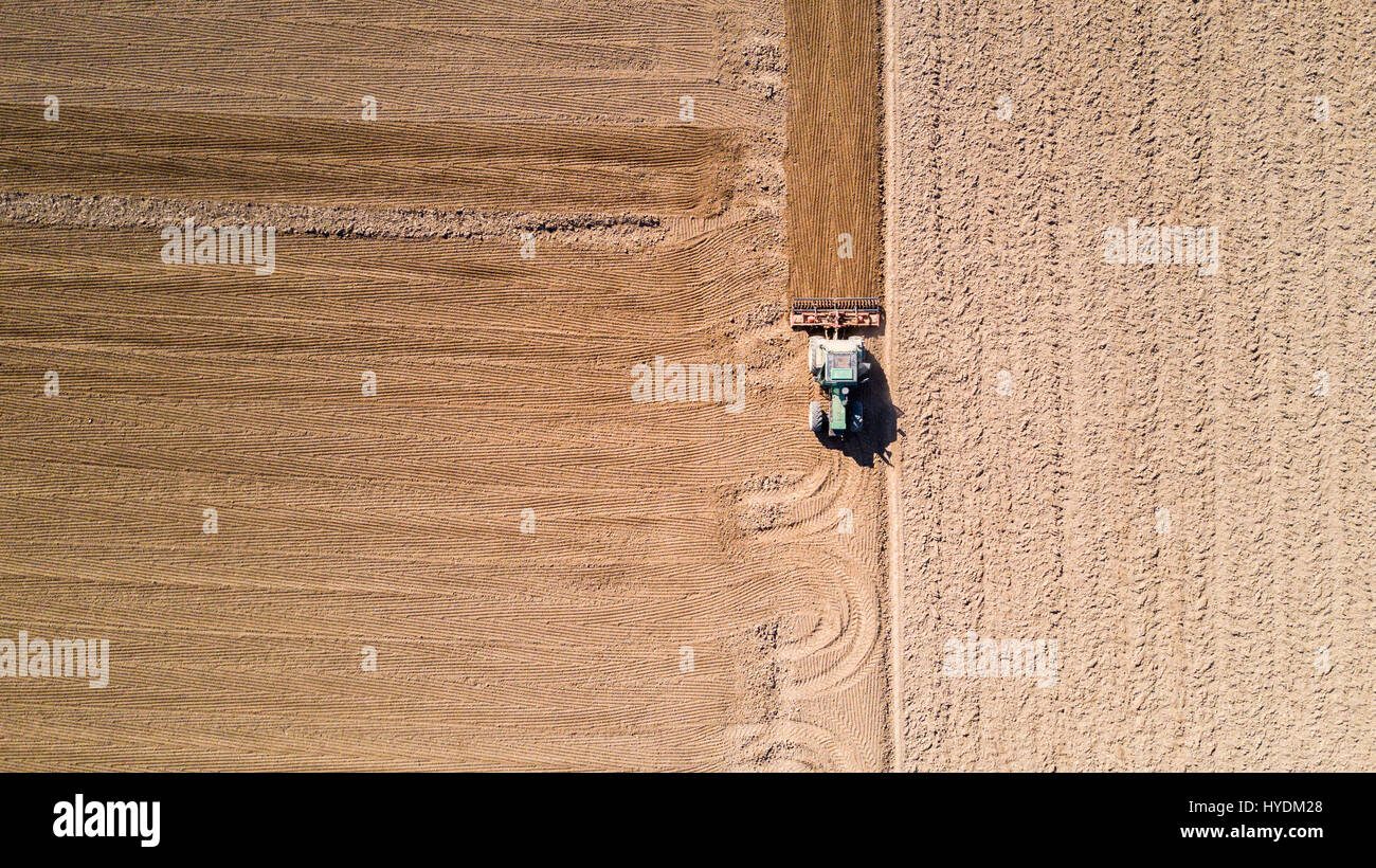 Traktor Pflügen der Felder, Luftaufnahme von ein gepflügtes Feld und einen Traktor, Aussaat. Landwirtschaft und Viehzucht, Kampagne. Stockfoto