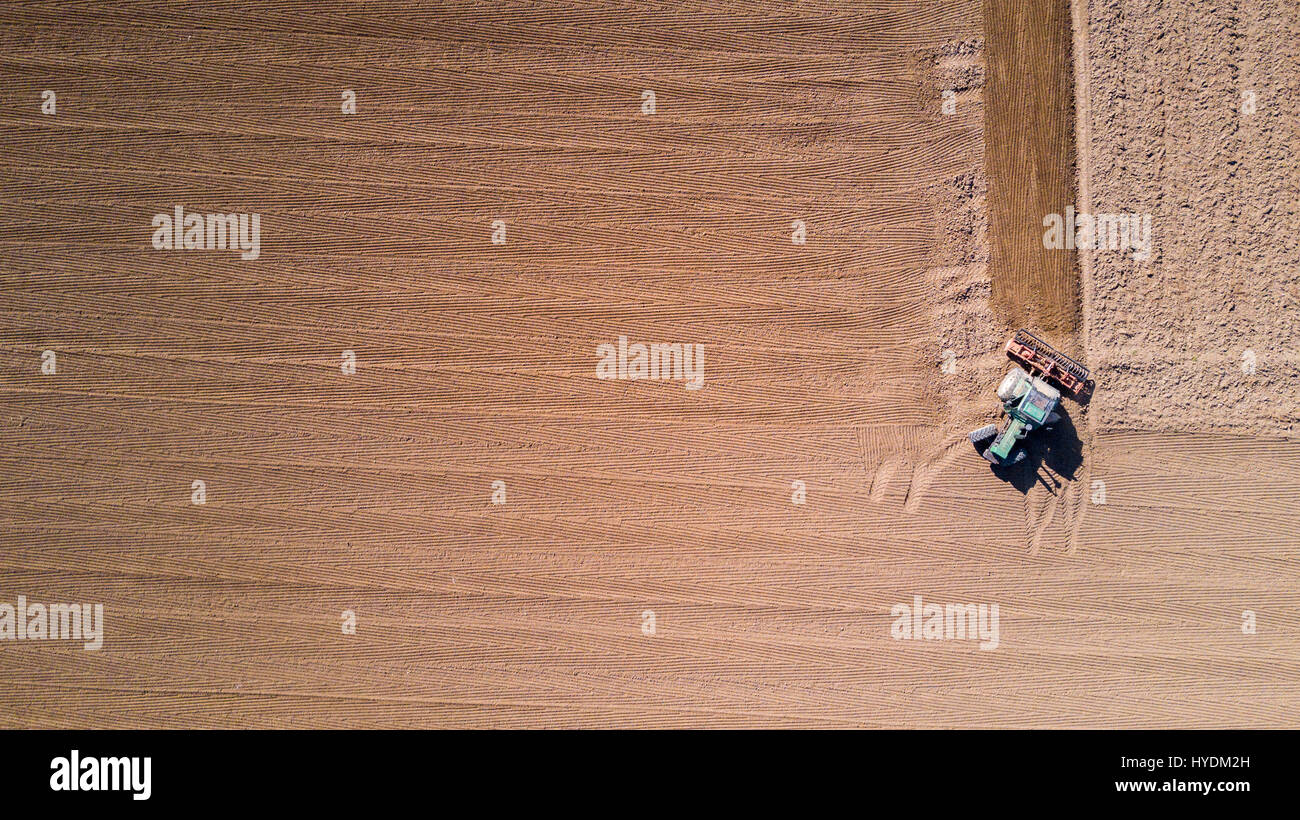 Traktor Pflügen der Felder, Luftaufnahme von ein gepflügtes Feld und einen Traktor, Aussaat. Landwirtschaft und Viehzucht, Kampagne. Stockfoto