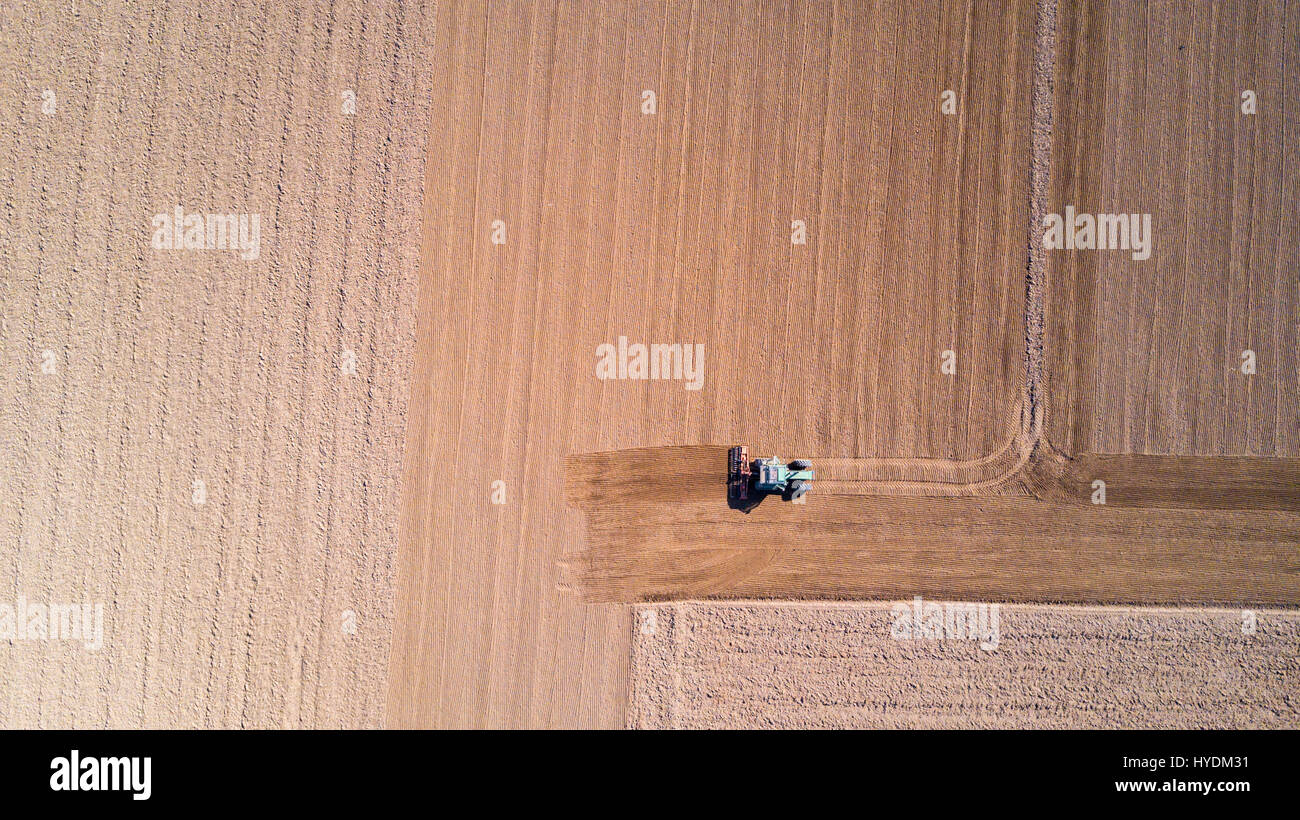 Traktor Pflügen der Felder, Luftaufnahme von ein gepflügtes Feld und einen Traktor, Aussaat. Landwirtschaft und Viehzucht, Kampagne. Stockfoto