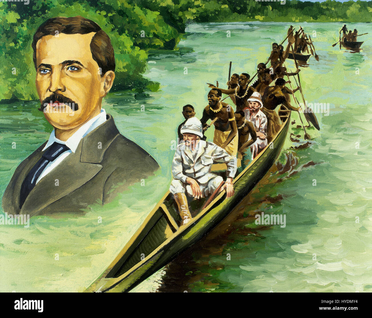 Afrika. Der britische Entdecker Henry Morton Stanley (1799-1869) und David Livingstone (1813-1873) in einem Kanu auf den Kongo-Fluss. Aquarell. Stockfoto