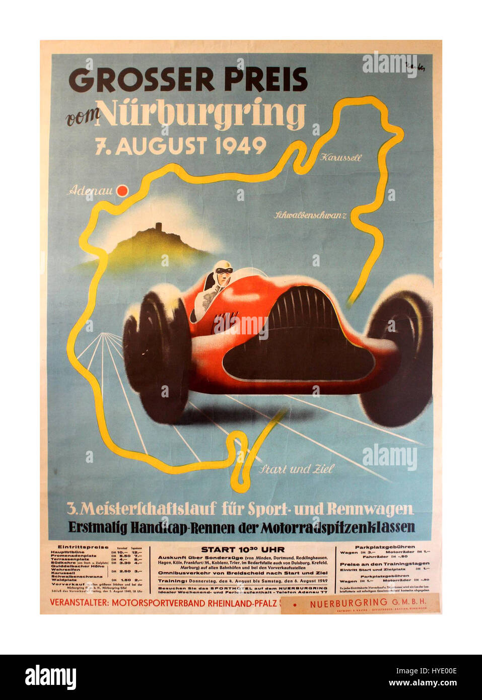 VINTAGE NÜRBURGRING GRAND PRIX POSTER 1949 Nachkriegszeit Vintage Retro Poster für Vintage Sports Car Racing Poster für den Grand Prix 1949 Nürburgring, 7. August 1949 Stockfoto