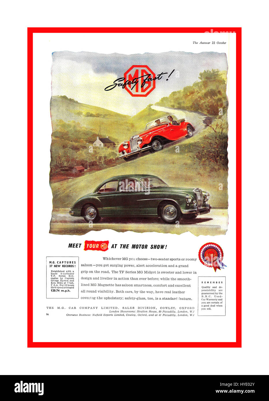 1950 Autocar Zeitschrift Seite Werbung für MG Sport- und Limousinen bei der britischen Motor Show Stockfoto