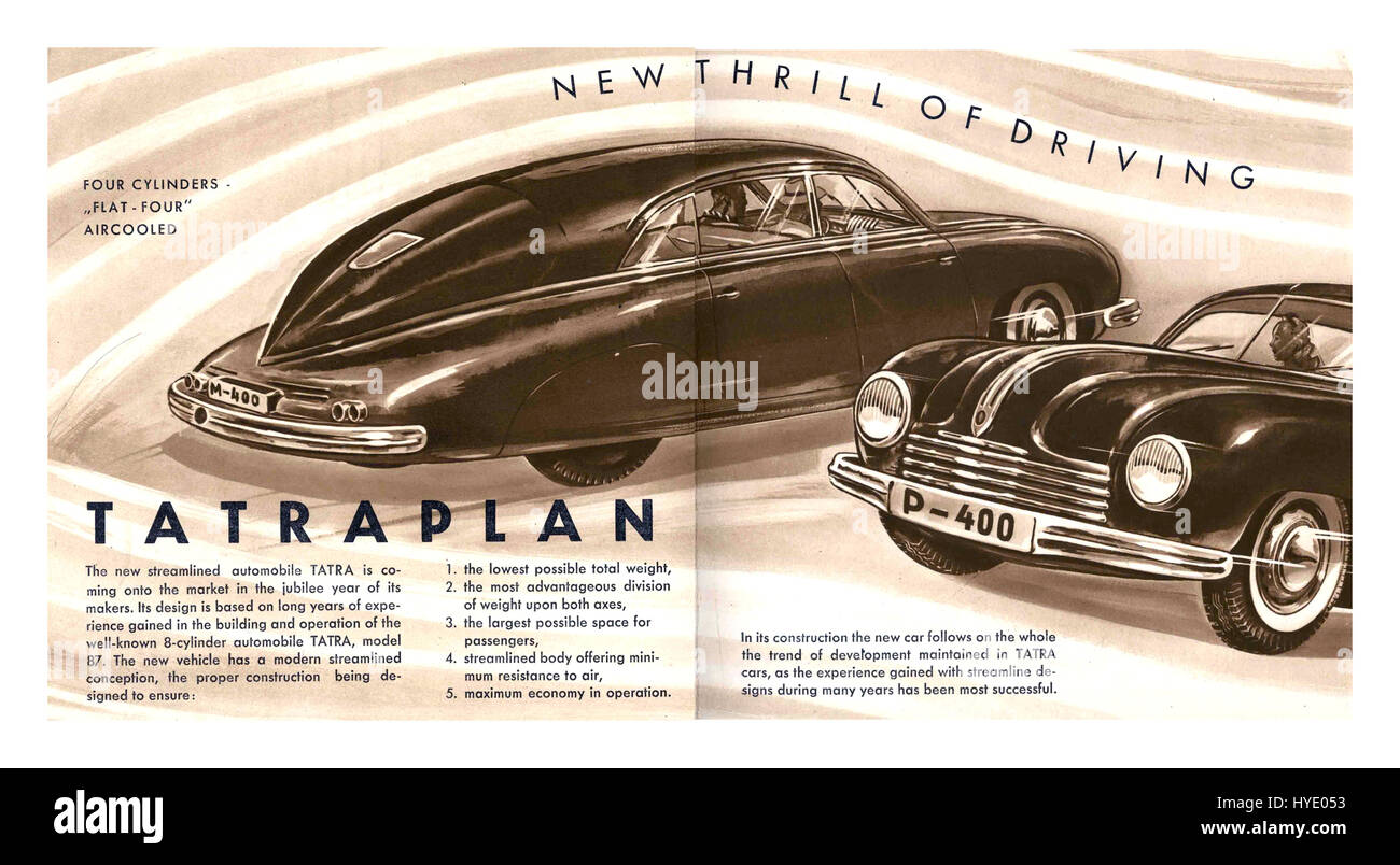1951 T600 Sport zurück Tatraplan Werbung DPS Magazin Doppelseite Tschechoslowakei Stockfoto