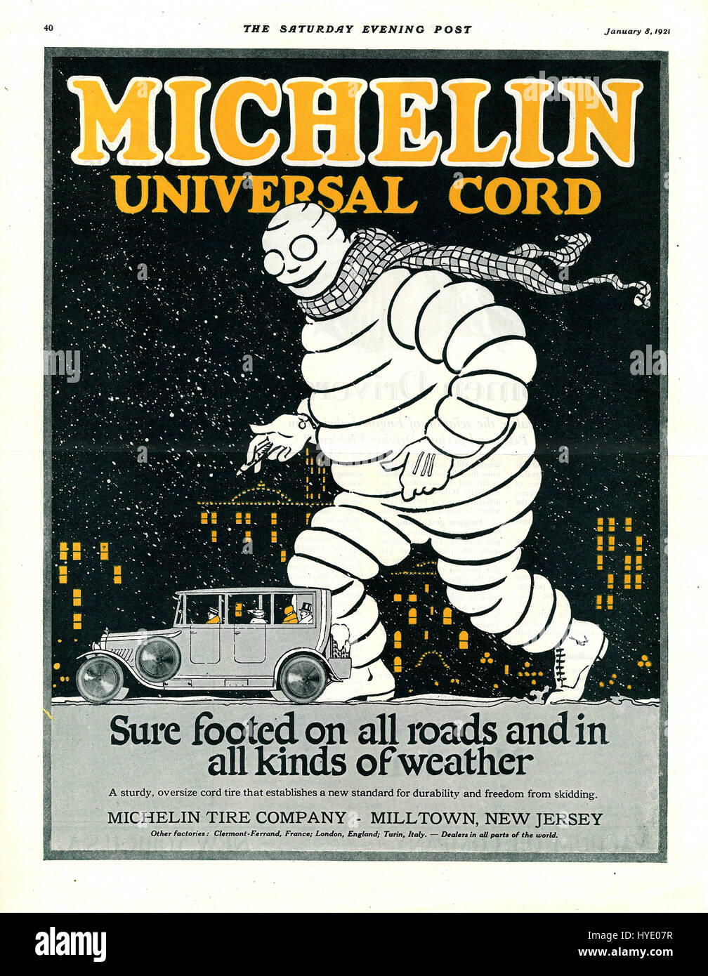 Michelin Reifen MICHELIN MANN Firma New Jersey USA 8. Januar 1921 "Saturday Evening Post" Anzeige Stockfoto