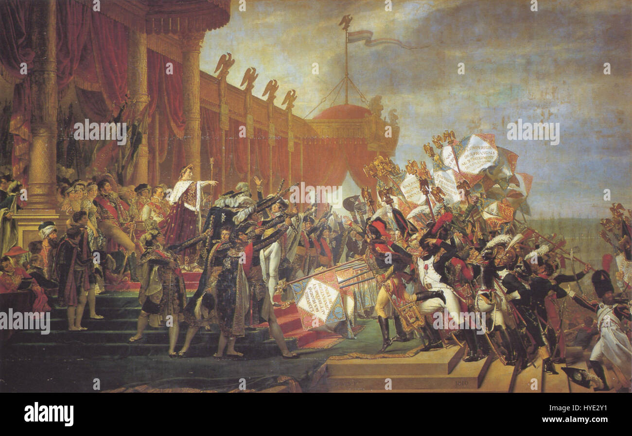 Davids „Le Serment de l'armée fait à l'Empereur“ zeigt einen historischen Moment, in dem Soldaten dem Kaiser Treue schwören. Dieses große neoklassizistische Gemälde unterstreicht die Verbindung zwischen dem Militär und dem Herrscher und spiegelt die Machtdynamik und Loyalität während der napoleonischen Ära wider. Die Komposition hebt dramatische Posen und Ausdrucksformen hervor und unterstreicht die Schwerkraft des Ereignisses. Stockfoto