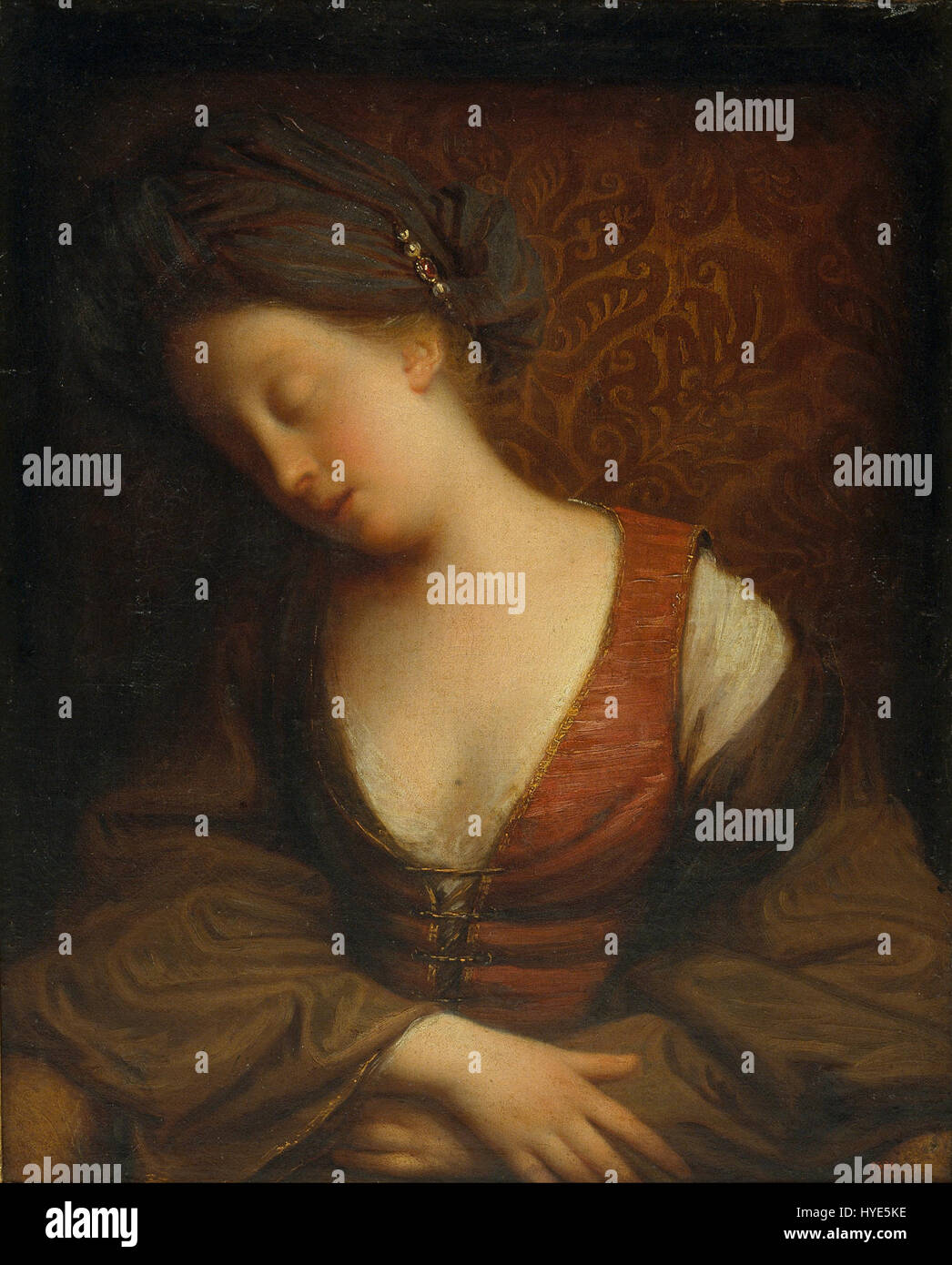 „Young Woman Sleeping“ von Jean Baptiste Santerre, ein französisches Gemälde aus dem 17. Jahrhundert, das eine junge Frau in einem ruhigen, friedlichen Schlaf darstellt und die sanften und intimen Momente des täglichen Lebens unterstreicht. Stockfoto