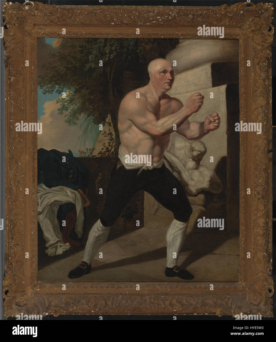 John Hamilton Mortimers Gemälde zeigt Jack Broughton, einen berühmten britischen Boxer des 18. Jahrhunderts. Broughton, bekannt als „Vater des Boxens“, revolutionierte den Sport und führte wichtige Regeln für die Sicherheit von Kämpfern ein. Stockfoto