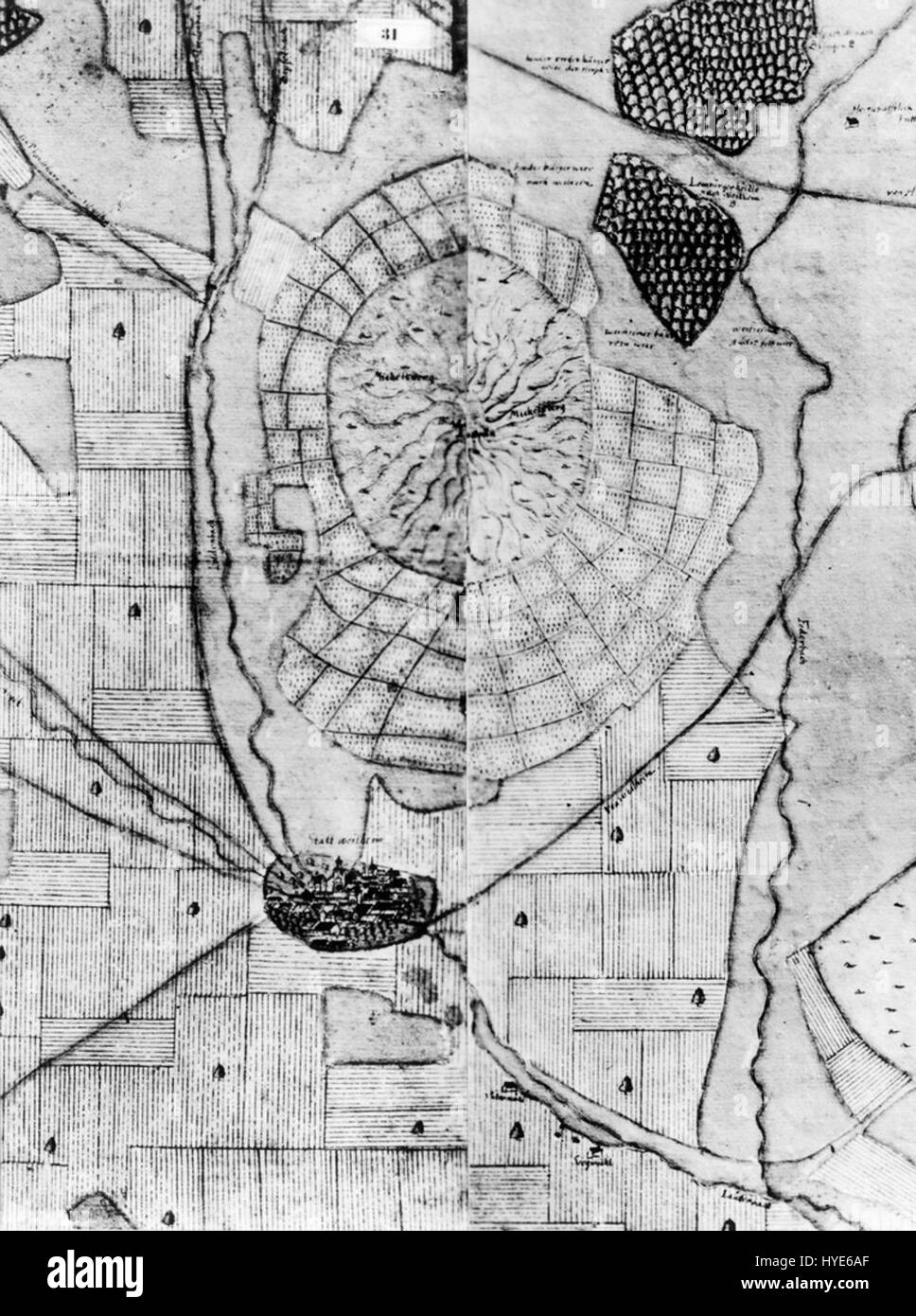 Die Kiesersche Forstkarte ist eine historische Forstkarte, die Land und Wälder rund um Michelsberg bei Weilheim Teck in Deutschland veranschaulicht. Sie bietet einen detaillierten Überblick über die Topographie und die Flächennutzung der Region. Stockfoto