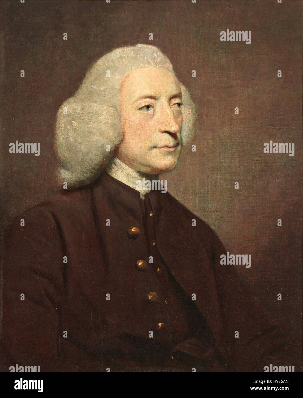 Joshua Reynolds Porträt von Dr. John Armstrong, das im 18. Jahrhundert gemalt wurde, fängt den Arzt und Autor ein, der für seine medizinischen Schriften bekannt ist. Das Kunstwerk spiegelt den raffinierten Stil von Reynolds wider und betont den intellektuellen und sozialen Status des Themas mit eleganter Kleidung und komponierter Pose. Das Porträt ist ein Beweis für Reynolds' Fähigkeit, Charakter und Adel durch seine Verwendung von Licht und Detail zu vermitteln. Stockfoto