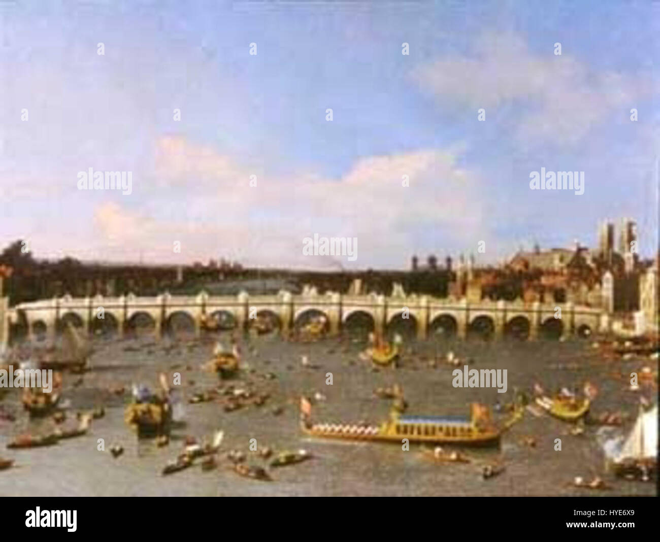 Die von Canaletto eingenommene Lord Mayor's Show zeigt eine große Prozession in London, die die Wahl des neuen Lord Mayor feiert. Canalettos Londoner Szene ist bekannt für seine detaillierten Ansichten von Venedig und zeigt die aufwendigen Kostüme und Feierlichkeiten des britischen Bürgerlebens des 18. Jahrhunderts. Stockfoto