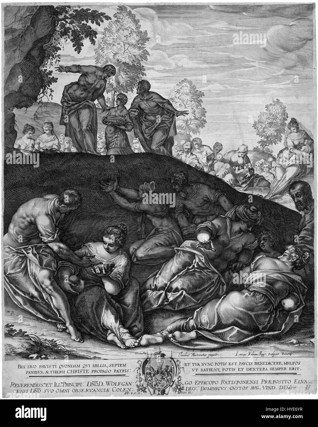 „Brotvermehrung“ von Lucas Kilian ist ein historischer Stich, der die Vervielfältigung von Broten darstellt, wahrscheinlich eine biblische oder allegorische Szene. Stockfoto