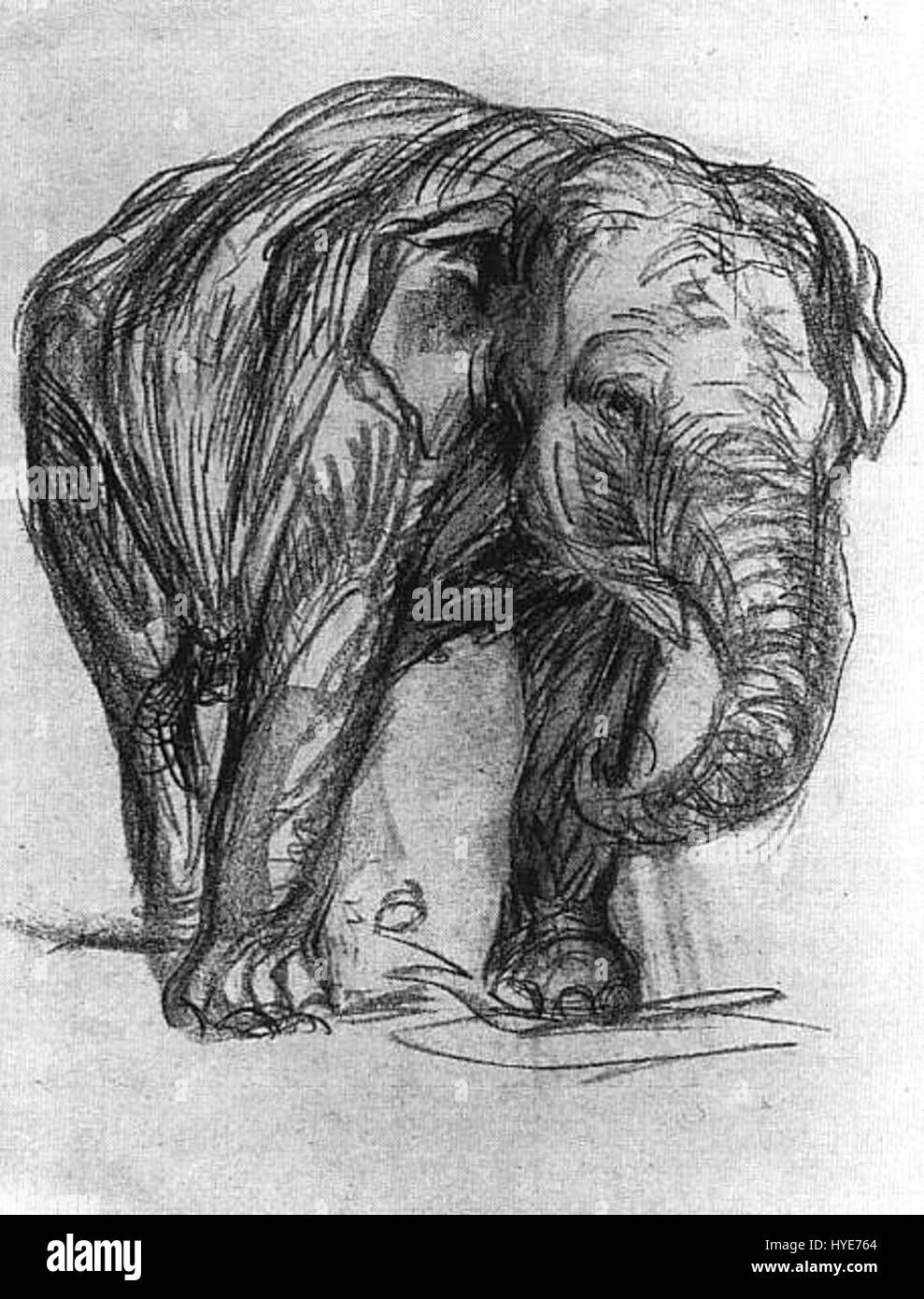 Marcs Darstellung eines Elefanten zeigt die unverwechselbare Verwendung von kräftigen Farben und Formen des Künstlers und stellt die Majestät des Tieres dar, während er modernistische Kunstelemente erforscht. Stockfoto