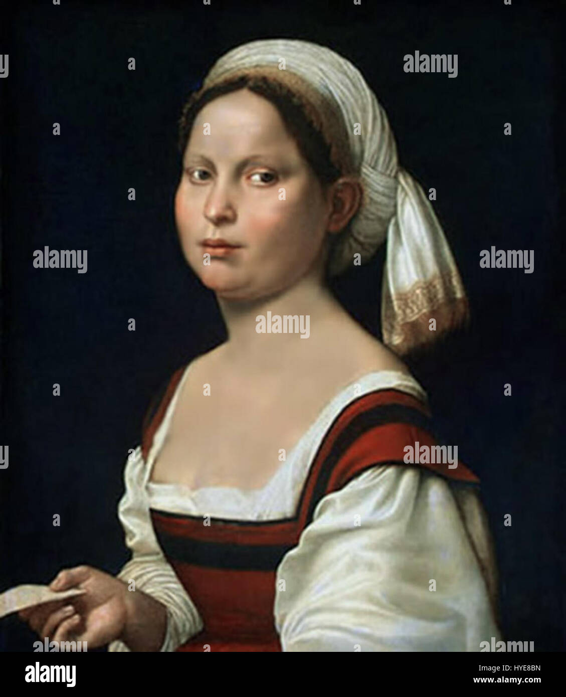 Giuliano Bugiardinis Porträt einer jungen Frau ist ein Beispiel für Renaissanceporträts. Bugiardini, bekannt für seine detailgetreue, lebensechte Darstellung, fängt das Motiv mit zarten Merkmalen und einem ruhigen Ausdruck ein. Die Verwendung von Licht und Schatten in diesem Gemälde ist typisch für Renaissance-Techniken und fügt Tiefe und Realismus hinzu. Stockfoto