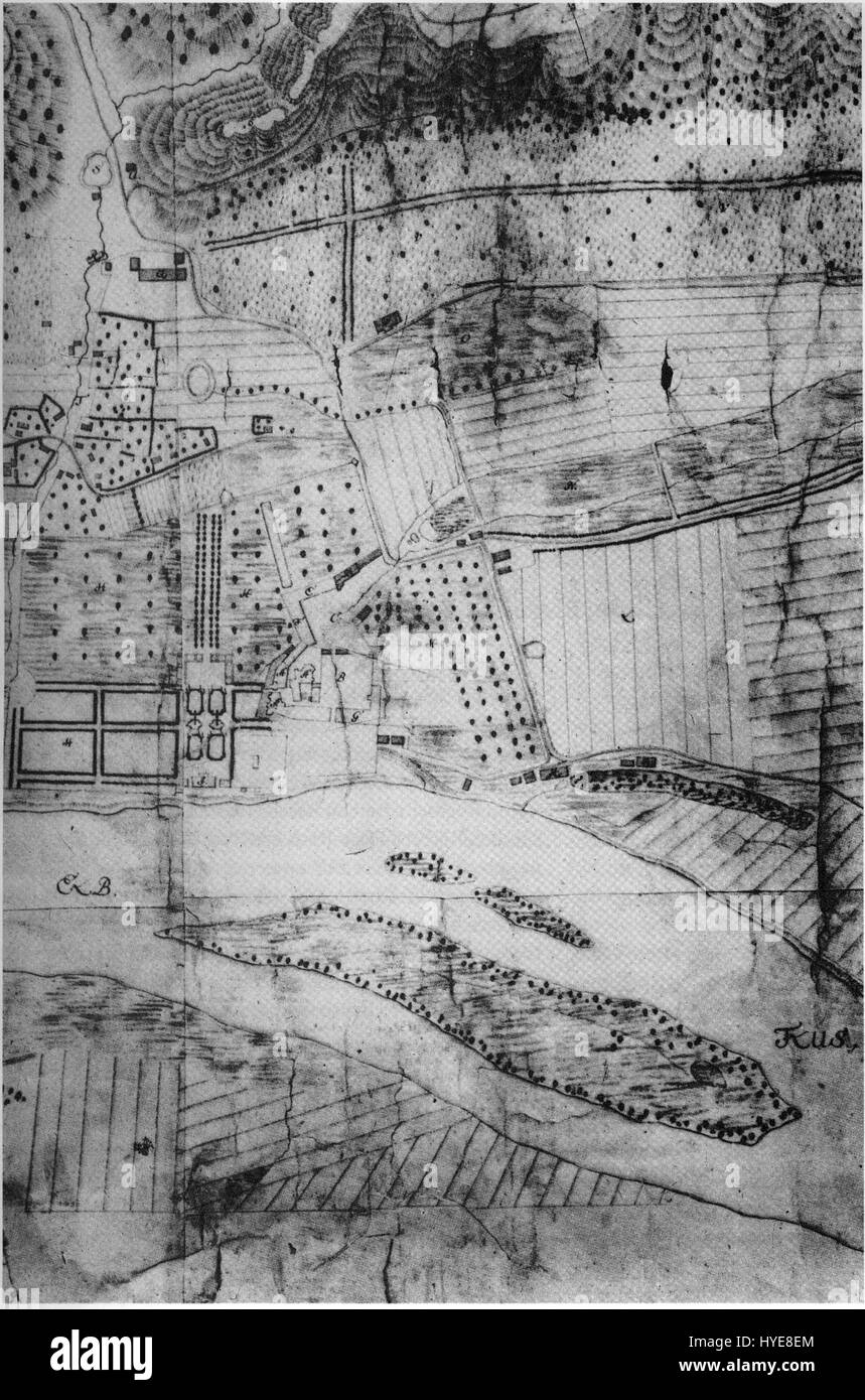 Der von Christian Liebe gezeichnete Plan von Schloss und Dorf Pillnitz aus dem Jahr 1724 zeigt die Grundrisse des Dresdner Landgutes und hebt die architektonische und ländliche Entwicklung des 18. Jahrhunderts hervor. Stockfoto