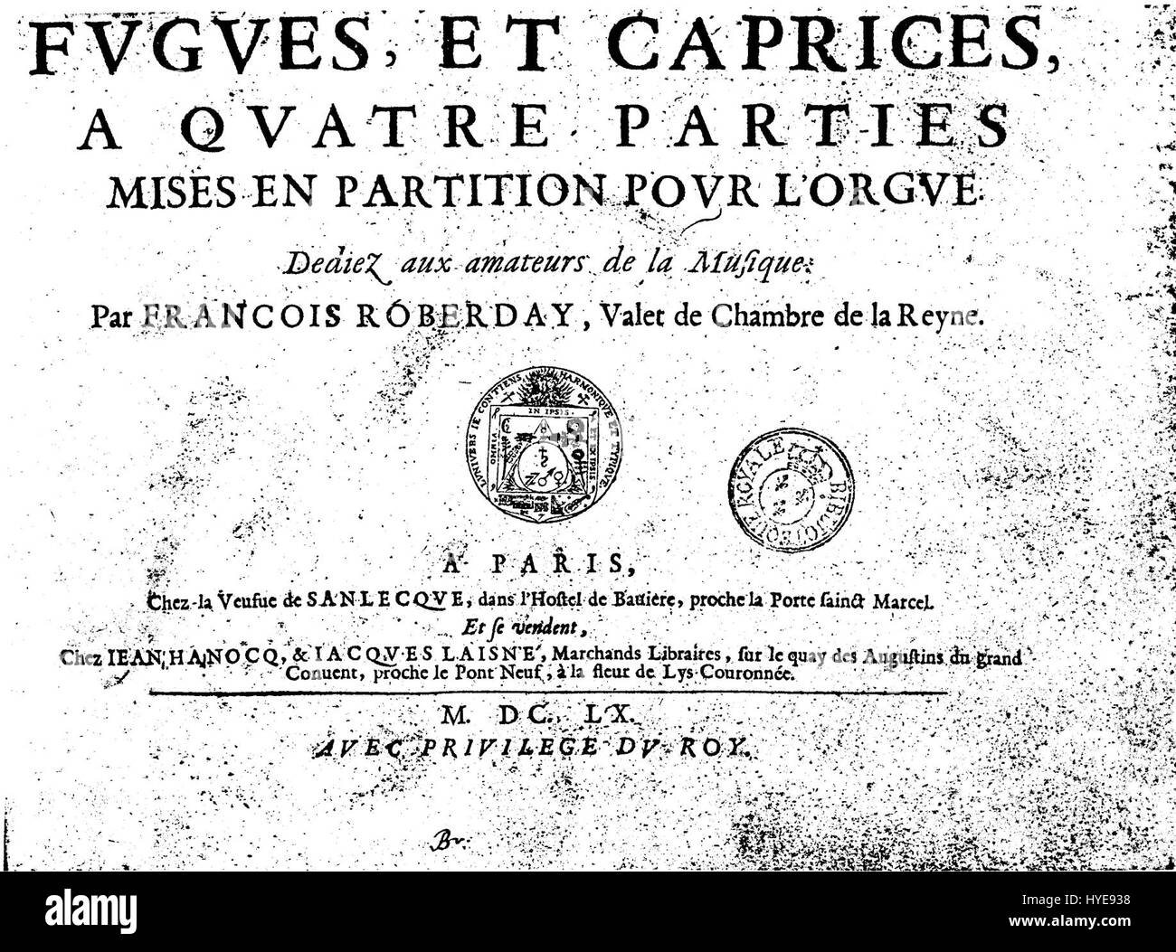 Die Titelseite von „Roberday Fugues“ zeigt ein Manuskript der frühen Musik des französischen Komponisten Jean Roberday. Das Werk ist eine Sammlung von Fugen, die komplexe Kontrapunkte und Strukturen demonstrieren und die raffinierten Musiktechniken des Barock widerspiegeln. Stockfoto