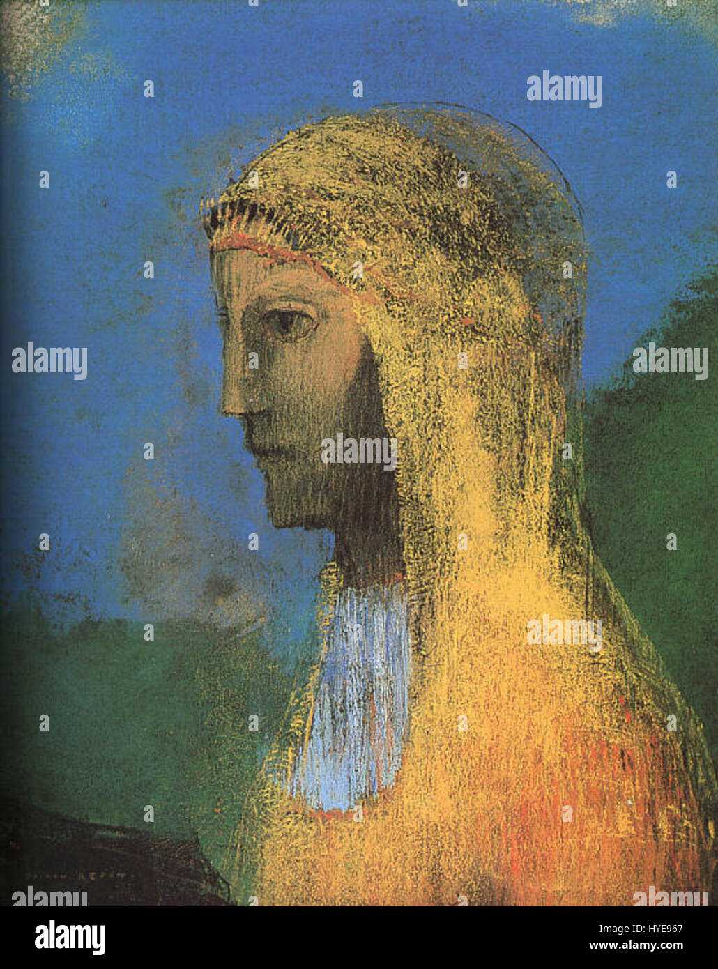 Dieses Kunstwerk von Odilon Redon stellt eine mystische Druidin dar, die den symbolischen Stil des Künstlers und seine Konzentration auf traumhafte und fantasievolle Themen zeigt und eine spirituelle und rätselhafte Figur einnimmt. Stockfoto