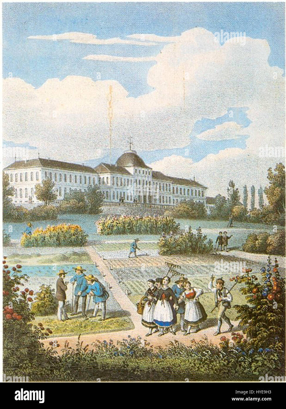 Schloss Hohenheim von Maler Renz zeigt die große Architektur der Burg Hohenheim und zeigt den detaillierten Stil deutscher Kunst des 18. Jahrhunderts. Dieses Werk unterstreicht die architektonische Schönheit und historische Bedeutung des Schlosses. Stockfoto