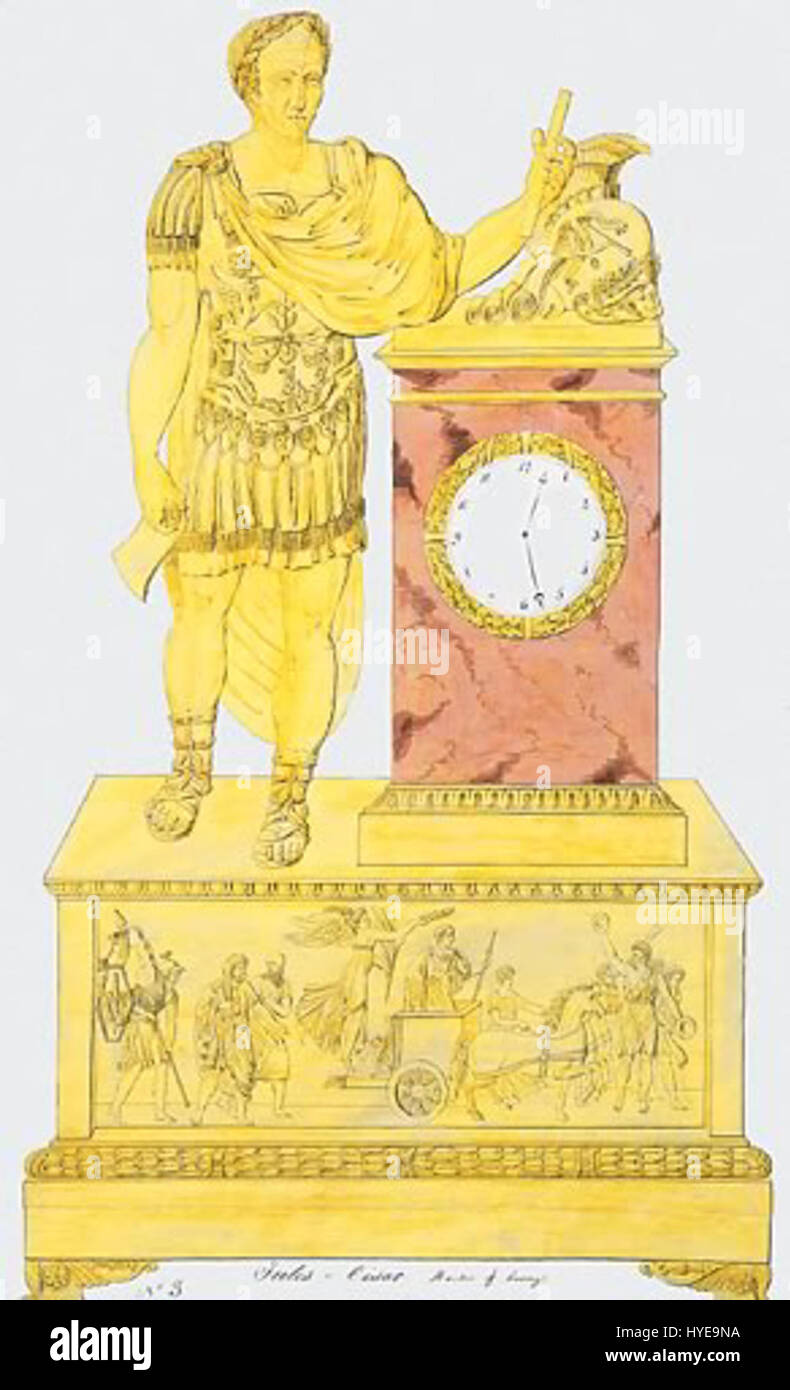 Diese Skizze zeigt eine Uhr im Stil des französischen Empire mit Motiven, die mit Julius Cäsars Triumphe assoziiert sind. Das Uhrendesign kombiniert neoklassizistische Elemente mit symbolischen Referenzen auf die römische Geschichte und feiert Caesars militärischen Erfolg und sein Vermächtnis. Stockfoto