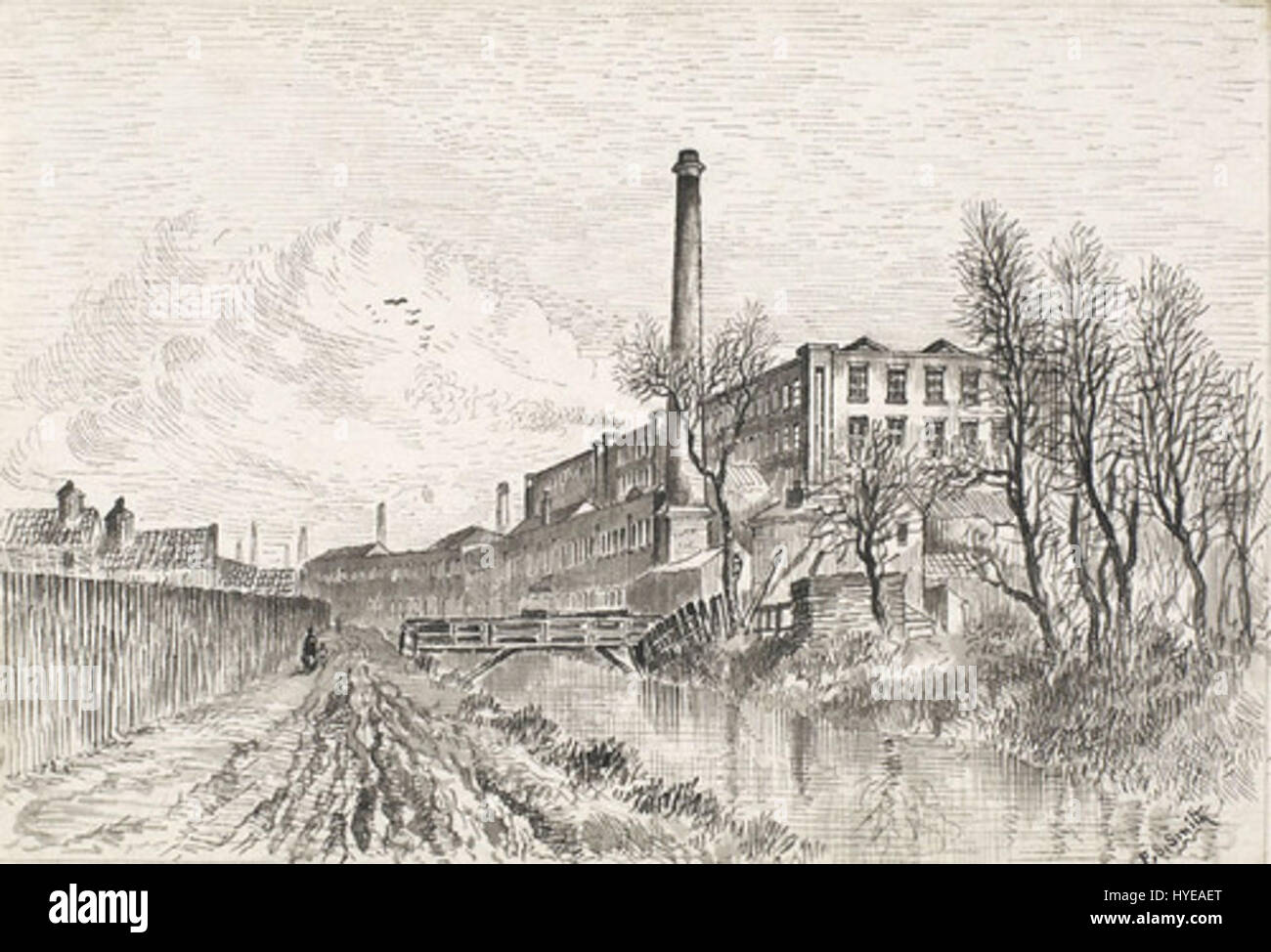 Eggington Lane with Old Cotton Mill, c.1885 ist ein Gemälde, das eine Industrieszene des späten 19. Jahrhunderts darstellt. Das Kunstwerk zeigt die markante Baumwollfabrik entlang der Eggington Lane und veranschaulicht die Industrialisierung der Epoche und ihre Auswirkungen auf die Landschaft. Stockfoto