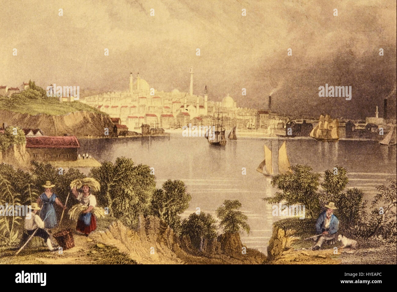 „View of Baltimore“ von William H. Bartlett ist ein Stich aus dem 19. Jahrhundert, der eine Panoramaszene der Stadt Baltimore darstellt. Dieses Kunstwerk fängt die städtische Landschaft ein und hebt die architektonischen Merkmale der Stadt während dieser Zeit hervor. Stockfoto