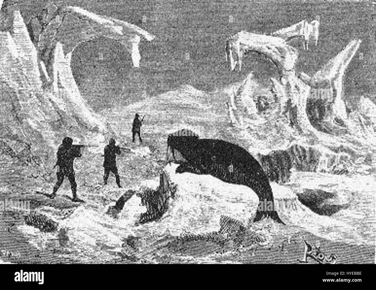 *The Field of Ice* von Riou und Montaut präsentiert eine schroffe, dramatische Landschaft, die ein eisiges Feld darstellt, das wahrscheinlich von der französischen Romantik des 19. Jahrhunderts beeinflusst wurde. Das Kunstwerk betont die Härte und Isolation des gefrorenen Geländes und erinnert an den Kampf um das Überleben unter extremen Bedingungen. Stockfoto