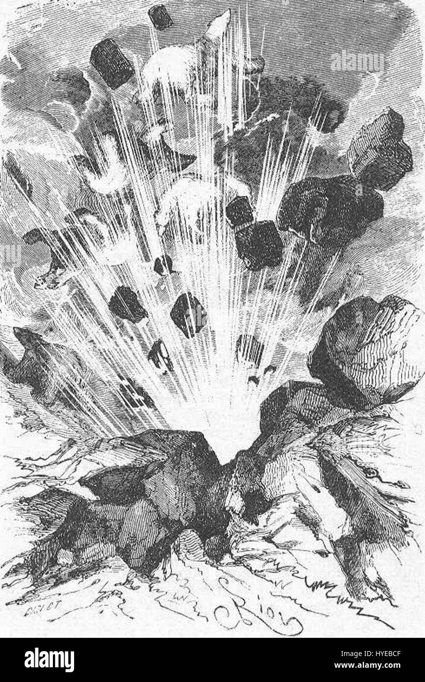 „The Field of Ice“ von Riou und Montaut zeigt eine dramatische Eislandschaft, möglicherweise von einer arktischen oder antarktischen Expedition. Das Werk hebt die krasse Schönheit und die rauen Bedingungen des gefrorenen Geländes in einem Moment intensiver Naturschauspiele hervor. Stockfoto