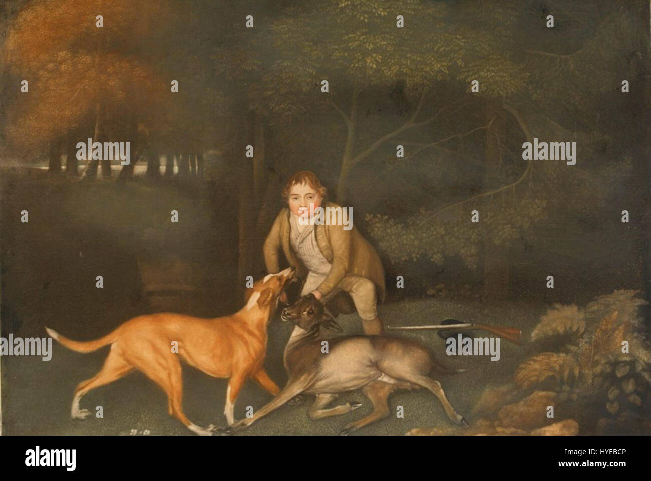„Death of a Doe“ ist ein Mezzotint-Stich von George Stubbs, der die detaillierte Darstellung des Tierlebens des Künstlers im ersten Zustand des Drucks zeigt. Stockfoto