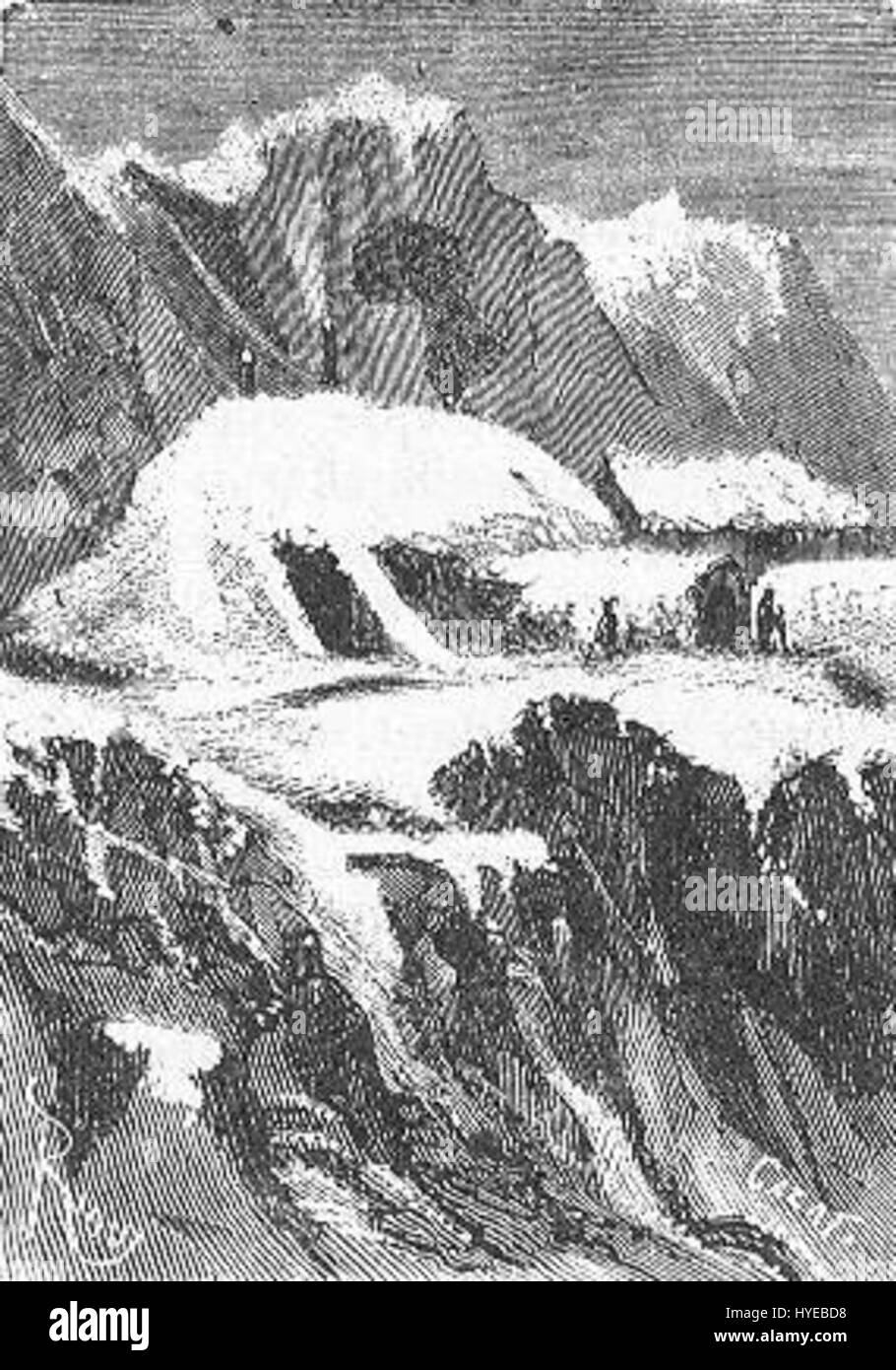 Eine Darstellung des *Eisfeldes*, einer dramatischen Landschaft, die von Riou und Montaut geschaffen wurde. Die Szene zeigt ein eiskaltes Gelände und fängt die raue, kalte Schönheit der gefrorenen Landschaften ein. Stockfoto