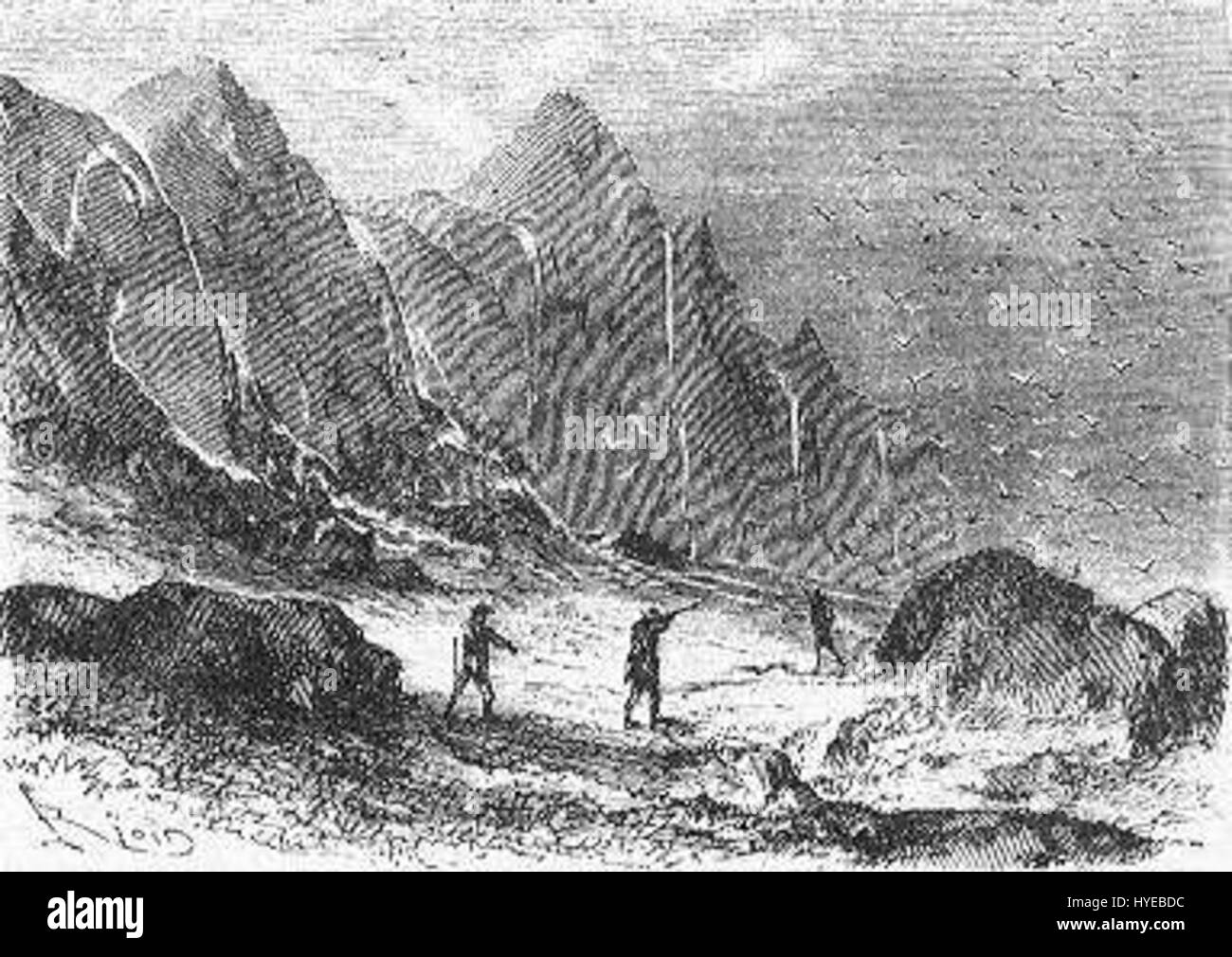 „The Field of Ice“, eine Illustration von Riou und Montaut, zeigt eine dramatische Szene einer gefrorenen Landschaft. Die Arbeit fängt die krasse Schönheit des eisbedeckten Geländes ein und bietet einen Einblick in eine raue, kalte Umgebung. Stockfoto